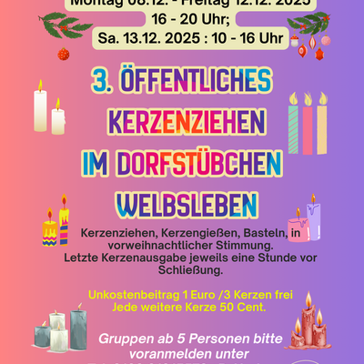 Zum dritten Male findet im Dorfstübchen Welbsleben das Kerzenziehen statt. Morgens sind die einzelnen Schulkassen der Grundschule zu Besuch.  Ab 16 Uhr ist das Kerzenziehen öffentlich.  Alle notwendigen Infos finden sich auf dem Flyer.